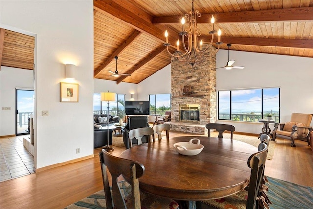 dining room featuring light hardwood / wood-style floors, beam ceiling, wood ceiling, a stone fireplace, and high vaulted ceiling