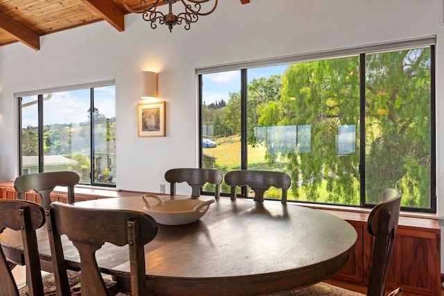 dining room with wooden ceiling, plenty of natural light, vaulted ceiling with beams, and an inviting chandelier