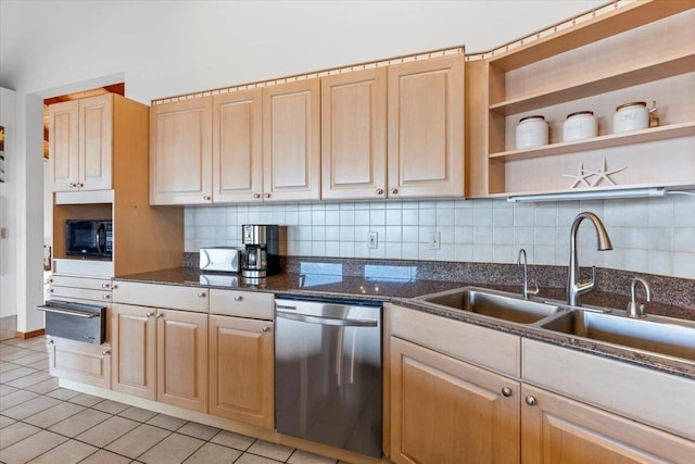 kitchen featuring light brown cabinets, backsplash, light tile patterned flooring, dishwasher, and sink