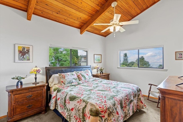 bedroom featuring ceiling fan, wooden ceiling, light carpet, and vaulted ceiling with beams