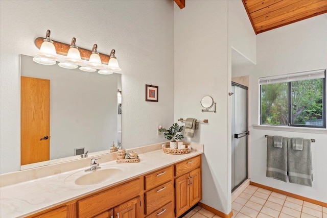 bathroom featuring walk in shower, vanity, vaulted ceiling, tile patterned floors, and wood ceiling