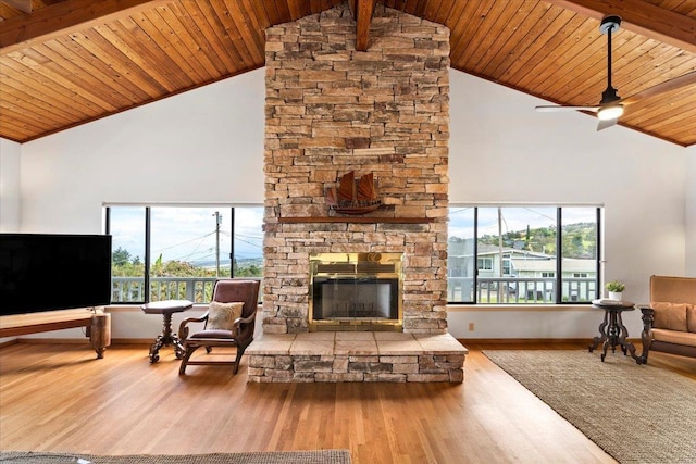 living room featuring ceiling fan, wooden ceiling, wood-type flooring, and a fireplace