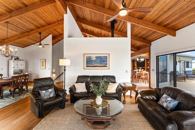 living room with wooden ceiling, ceiling fan with notable chandelier, and wood-type flooring