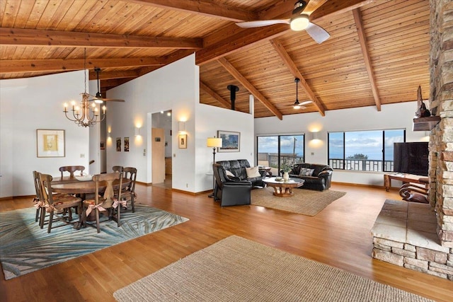 living room featuring ceiling fan with notable chandelier, wood-type flooring, high vaulted ceiling, wooden ceiling, and beam ceiling