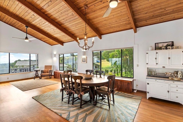 dining area with wooden ceiling, ceiling fan with notable chandelier, light wood-type flooring, high vaulted ceiling, and beam ceiling