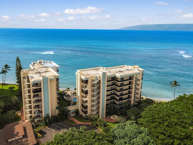 drone / aerial view with a water view