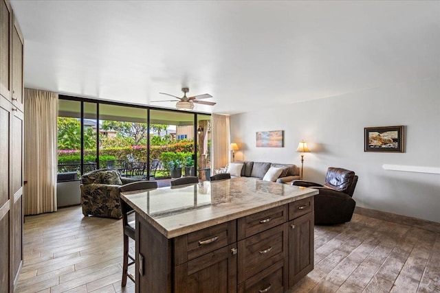 2387 S Kihei Rd Unit C108, Kihei, HI 96753 - kitchen with a kitchen breakfast bar, light wood-style floors, open floor plan, a ceiling fan, and expansive windows
