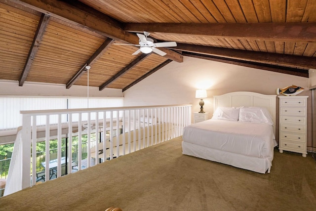 unfurnished bedroom featuring access to exterior, dark carpet, wood ceiling, ceiling fan, and vaulted ceiling with beams