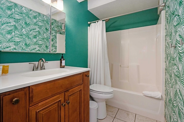 full bathroom featuring toilet, vanity, tile patterned floors, and shower / bathtub combination with curtain