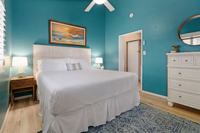 bedroom featuring light wood-type flooring and ceiling fan