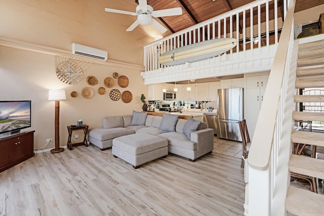 living room featuring ceiling fan, high vaulted ceiling, wooden ceiling, and a wall mounted air conditioner