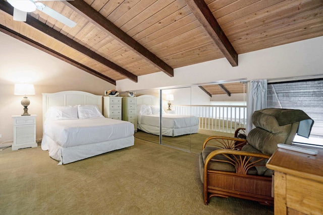 carpeted bedroom with high vaulted ceiling, ceiling fan, beam ceiling, wood ceiling, and a closet