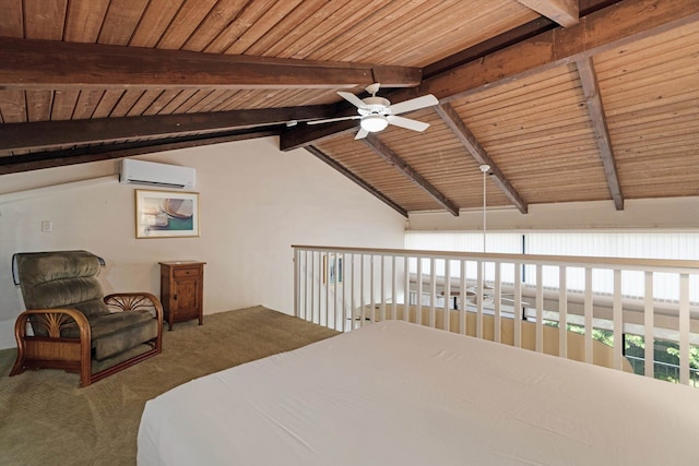 unfurnished bedroom with carpet flooring, ceiling fan, wooden ceiling, vaulted ceiling with beams, and a wall unit AC