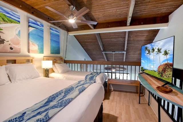 bedroom featuring vaulted ceiling with beams, light hardwood / wood-style floors, wood ceiling, and ceiling fan