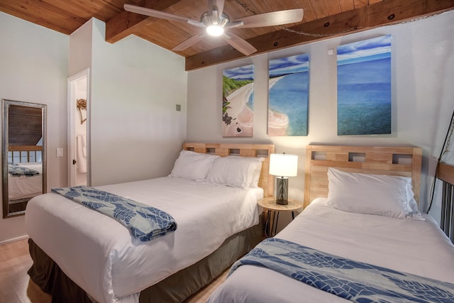 bedroom featuring hardwood / wood-style floors, ceiling fan, beam ceiling, and wooden ceiling