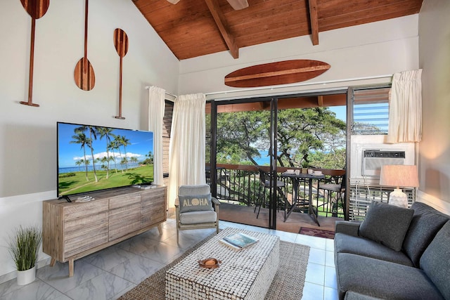 living room featuring beamed ceiling, high vaulted ceiling, cooling unit, and wooden ceiling