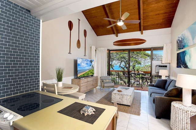 tiled living room featuring beam ceiling, ceiling fan, and wood ceiling