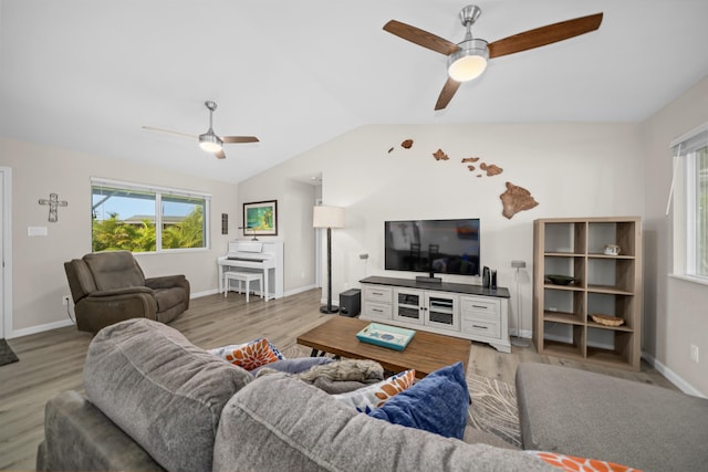 155 Aliilani Pl, Kihei, HI 96753 - living room with ceiling fan, lofted ceiling, light wood-type flooring, and baseboards