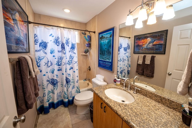 full bathroom with shower / bathtub combination with curtain, vanity, toilet, and tile patterned flooring