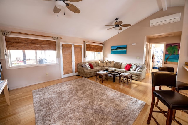 living room with hardwood / wood-style flooring, ceiling fan, a wall mounted AC, and lofted ceiling with beams