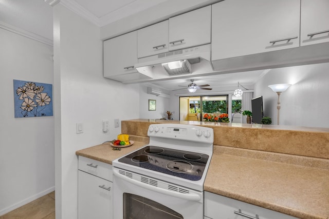 kitchen with crown molding, white cabinetry, light countertops, and electric range