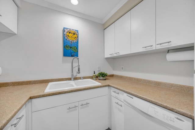 kitchen with light countertops, a sink, white cabinets, dishwasher, and ornamental molding