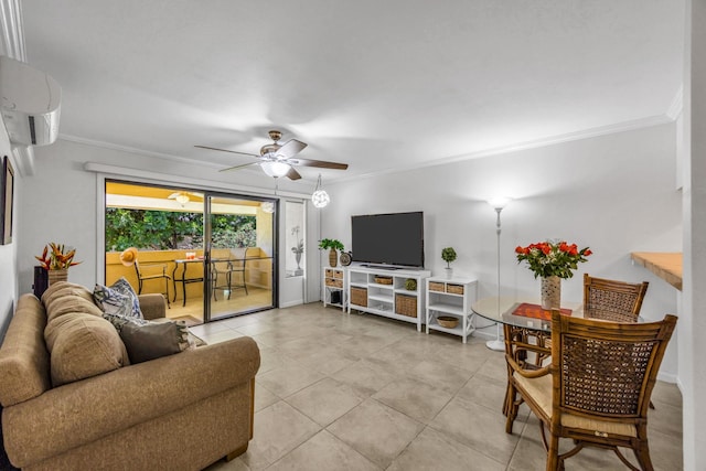 living area with light tile patterned floors, a wall mounted AC, a ceiling fan, and ornamental molding