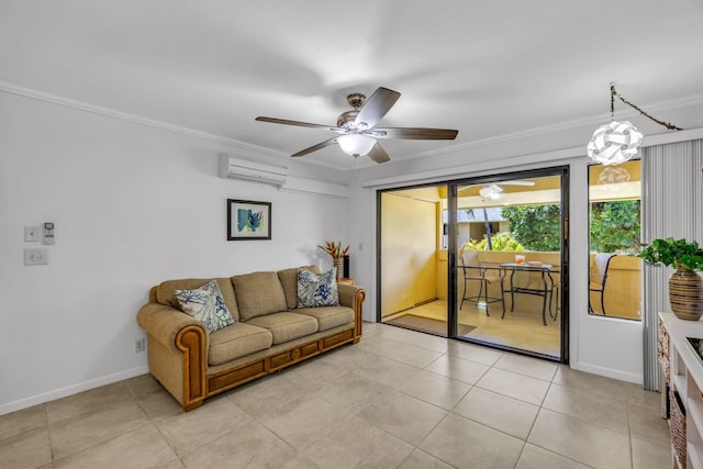 living room featuring crown molding, an AC wall unit, baseboards, and ceiling fan