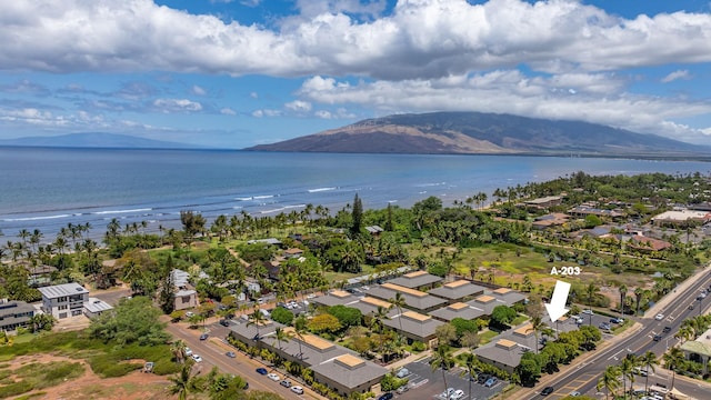 drone / aerial view with a residential view and a water and mountain view