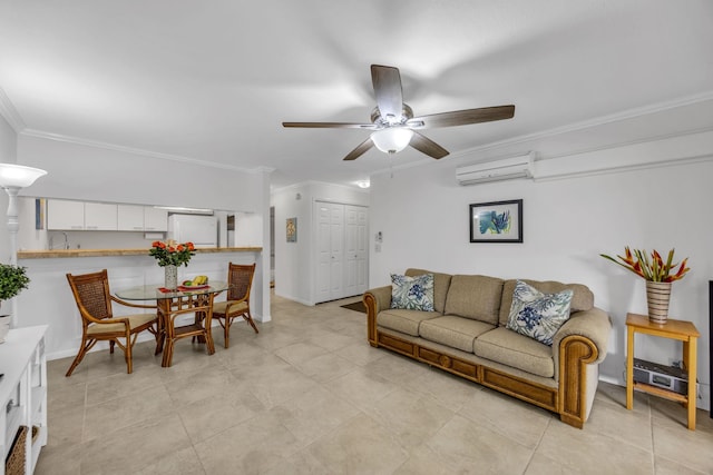 living area featuring a ceiling fan, ornamental molding, a wall mounted air conditioner, and light tile patterned floors