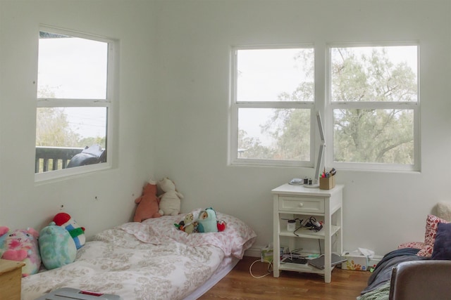 bedroom featuring wood finished floors and multiple windows