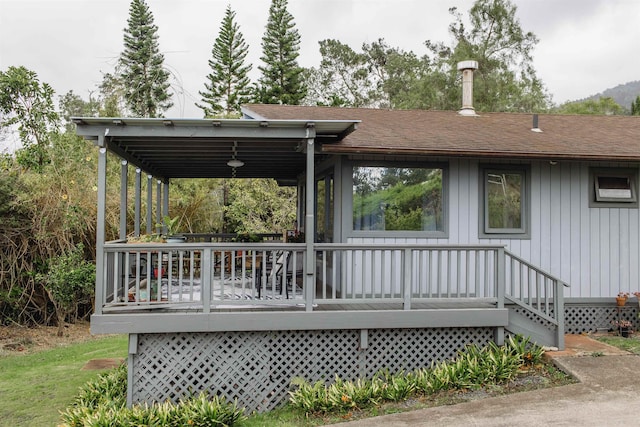 back of property featuring roof with shingles