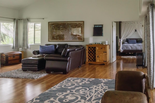 living area with vaulted ceiling, radiator heating unit, and wood finished floors
