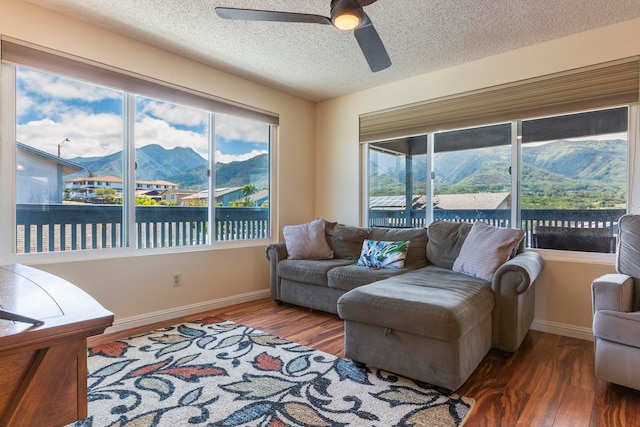 885 Haunani Pl, Wailuku, HI 96793 - living area featuring a mountain view, baseboards, a ceiling fan, and wood finished floors