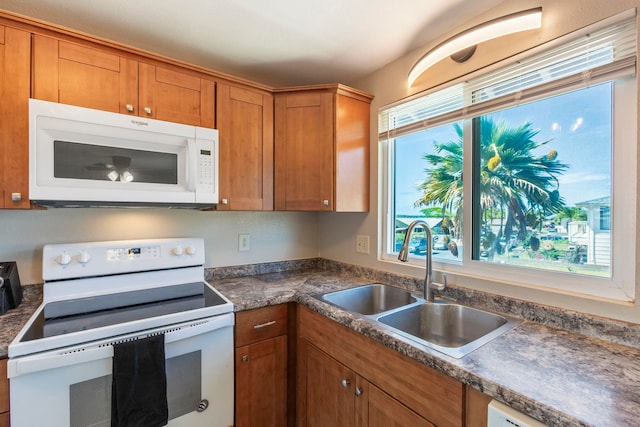 885 Haunani Pl, Wailuku, HI 96793 - kitchen featuring brown cabinets, a healthy amount of sunlight, a sink, and white appliances