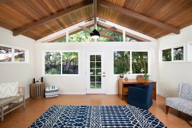 sunroom featuring lofted ceiling with beams, ceiling fan, and wood ceiling