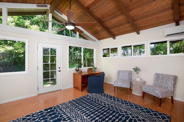 sitting room with high vaulted ceiling, an AC wall unit, ceiling fan, beam ceiling, and wood-type flooring