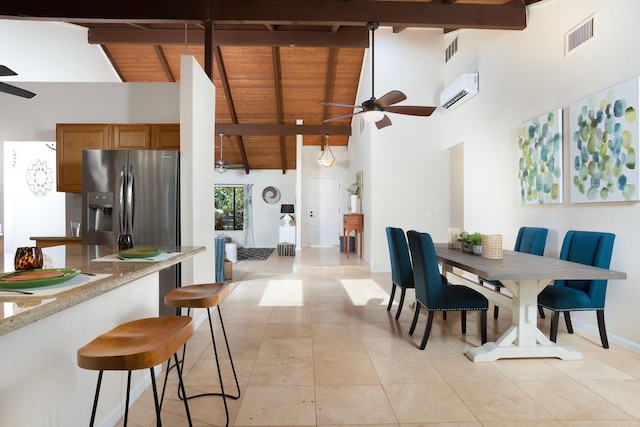 dining space with wood ceiling, ceiling fan, high vaulted ceiling, an AC wall unit, and beamed ceiling