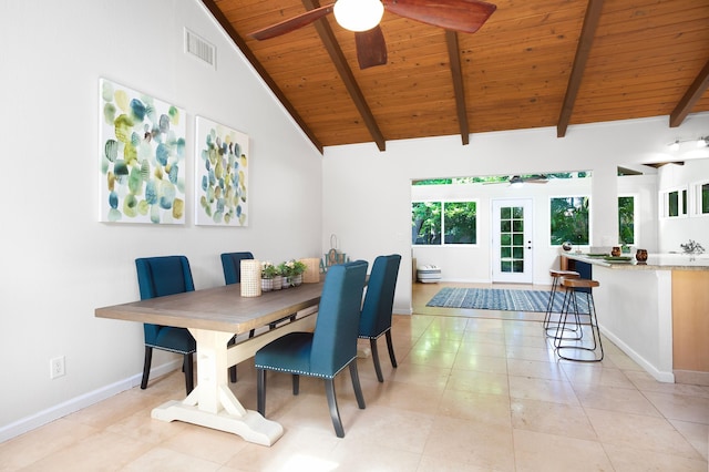 dining room with beamed ceiling, ceiling fan, and wood ceiling