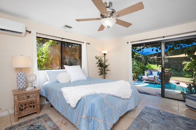 tiled bedroom featuring a wall mounted air conditioner, access to outside, and ceiling fan