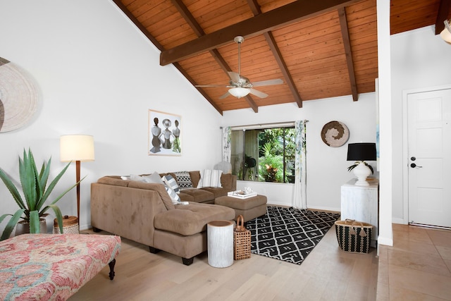 living room with ceiling fan, beamed ceiling, wood ceiling, and wood-type flooring