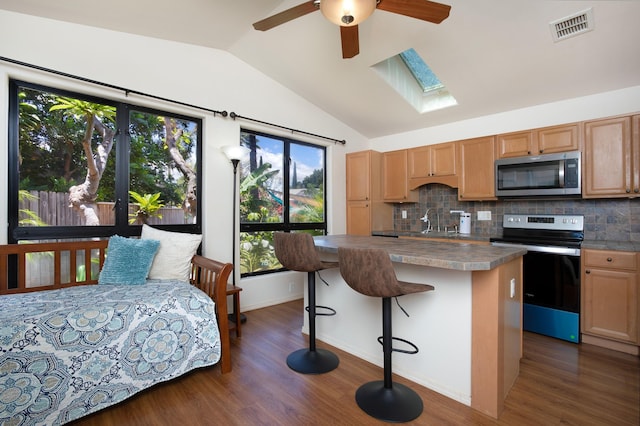 kitchen with tasteful backsplash, a breakfast bar, stainless steel appliances, lofted ceiling with skylight, and sink