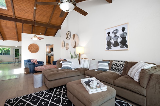 living room featuring beam ceiling, ceiling fan, high vaulted ceiling, hardwood / wood-style floors, and wood ceiling