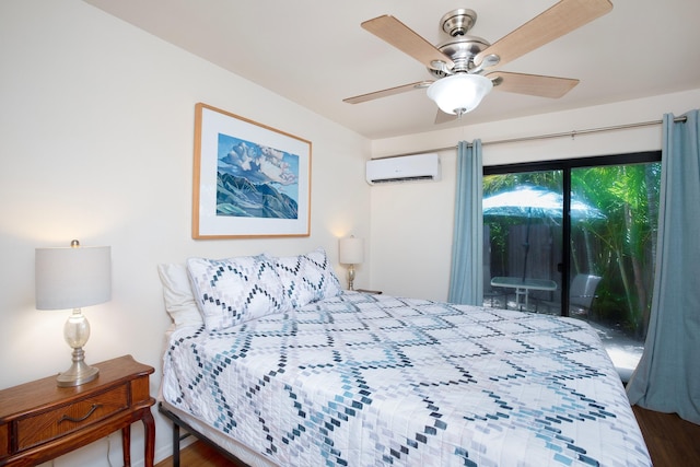 bedroom featuring ceiling fan, dark hardwood / wood-style floors, and a wall unit AC