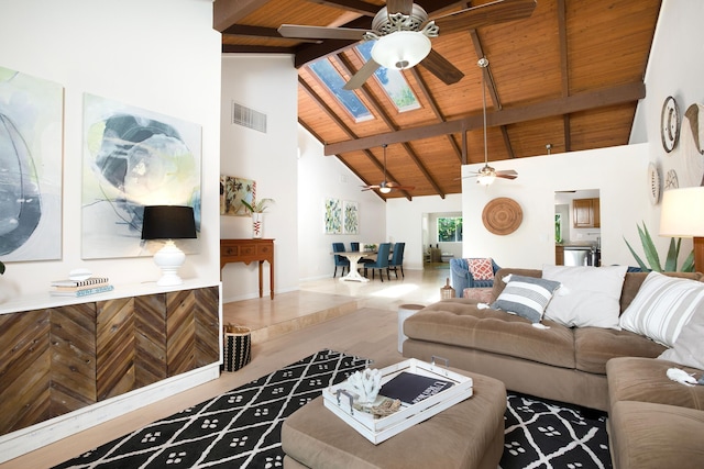 living room with beam ceiling, wooden ceiling, high vaulted ceiling, wood-type flooring, and wooden walls