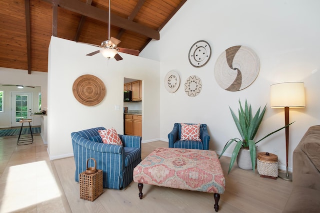 sitting room with beamed ceiling, ceiling fan, wooden ceiling, and high vaulted ceiling