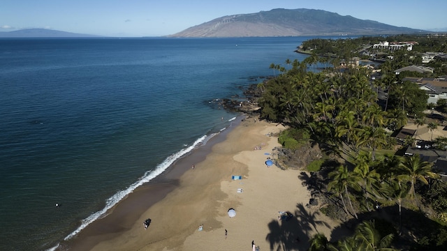 birds eye view of property featuring a beach view and a water and mountain view