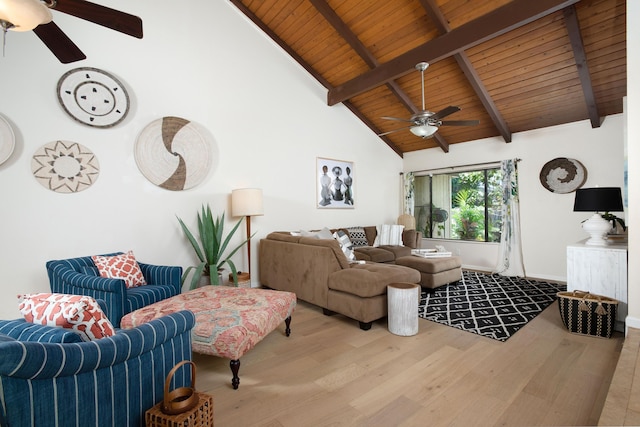 living room featuring ceiling fan, beamed ceiling, high vaulted ceiling, wood ceiling, and light wood-type flooring