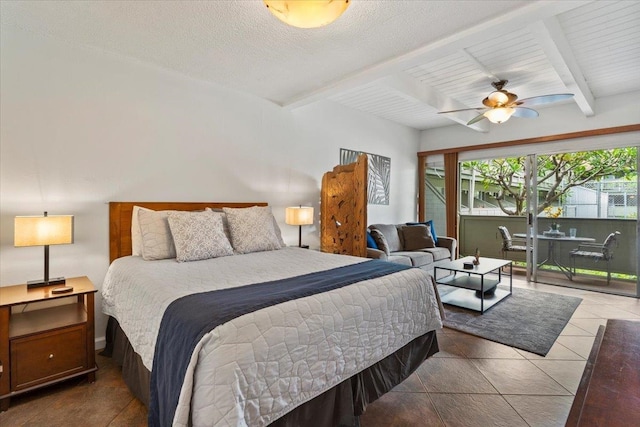 tiled bedroom with beamed ceiling and ceiling fan