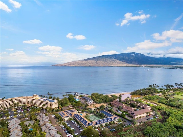 birds eye view of property with a water and mountain view